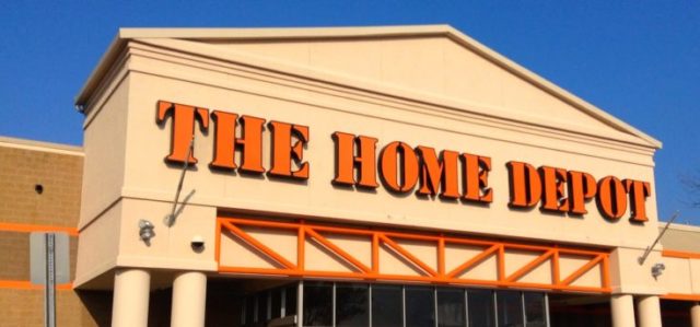 The Home Depot logo in front of building.