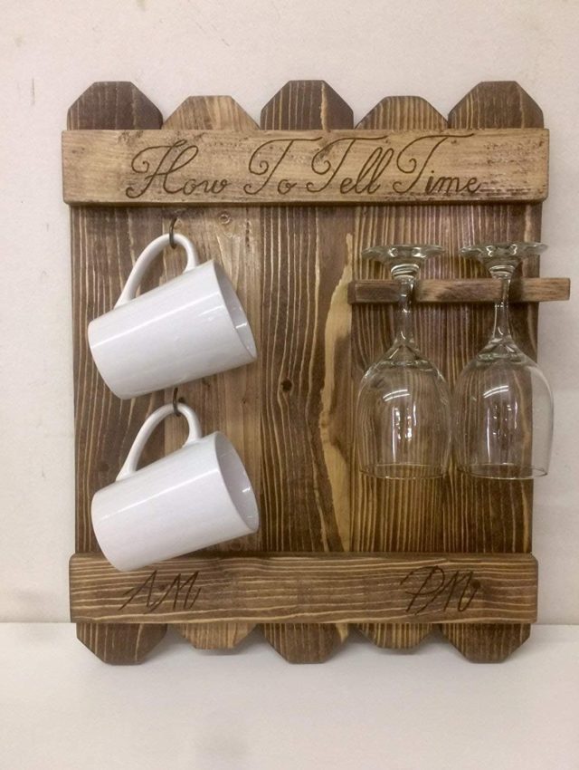 How to Tell Time, Rustic AM PM Sign, Coffee Mug and Wine Glass Rack, Coffee and Wine Sgn, Wood Burned Coffee Wine Rack