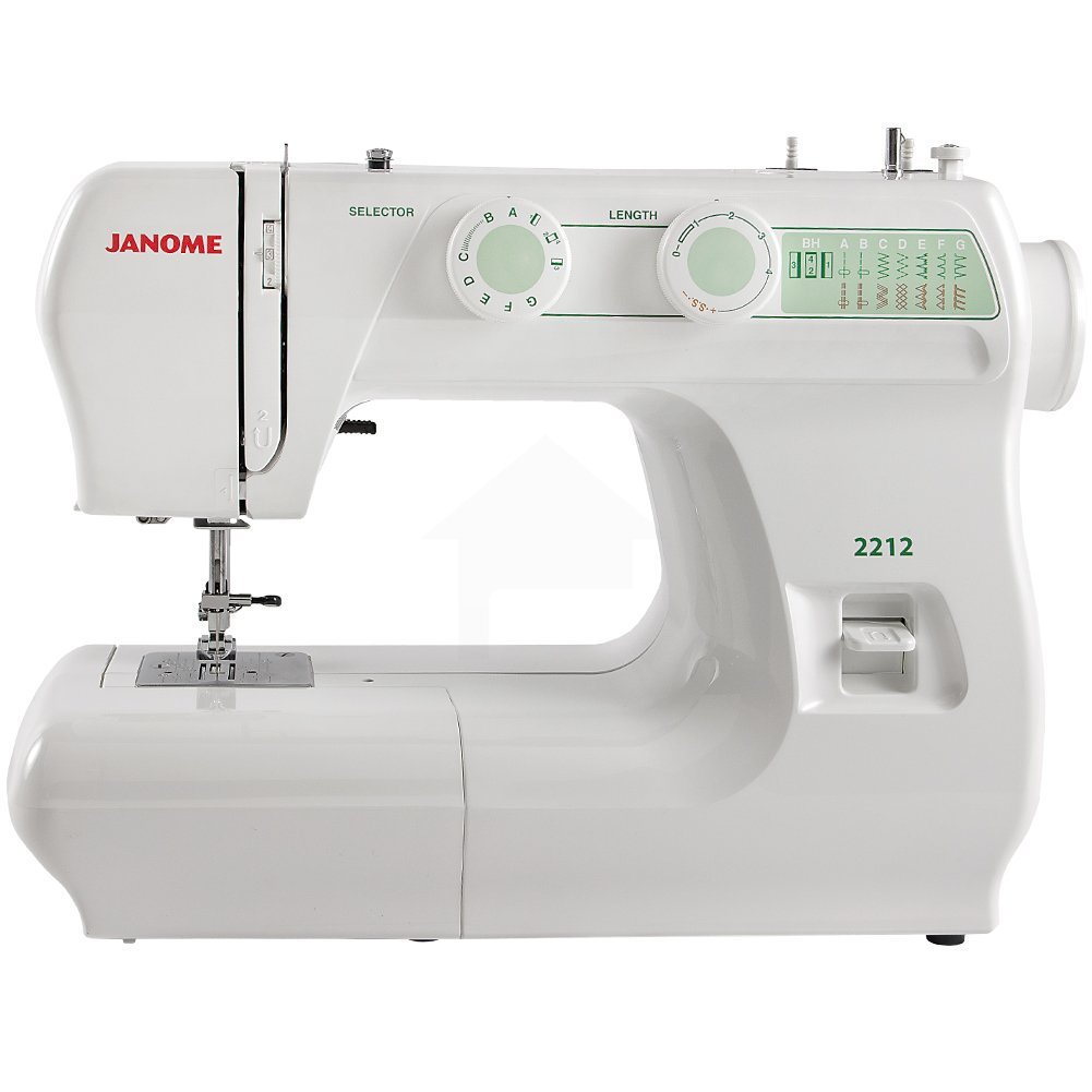Janome 2212 white sewing machine with green printed in the dial