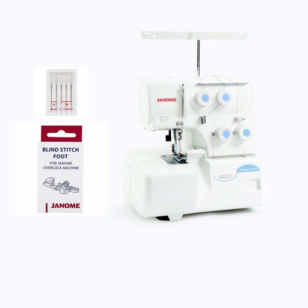 Janome 8002D Serger with blind stitch foot and additional needles