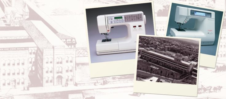 a collage of Janome's old image headquarters and 2 different models of Janome Sewing Machine