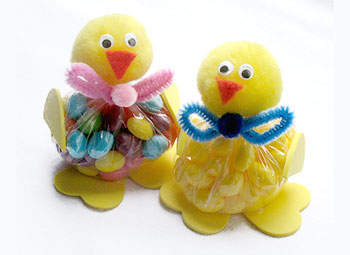 Two Easter jellybean chicks in a white background.