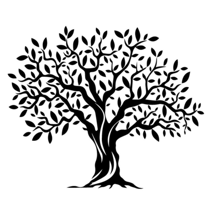 Wood carving tree design in black with white background.