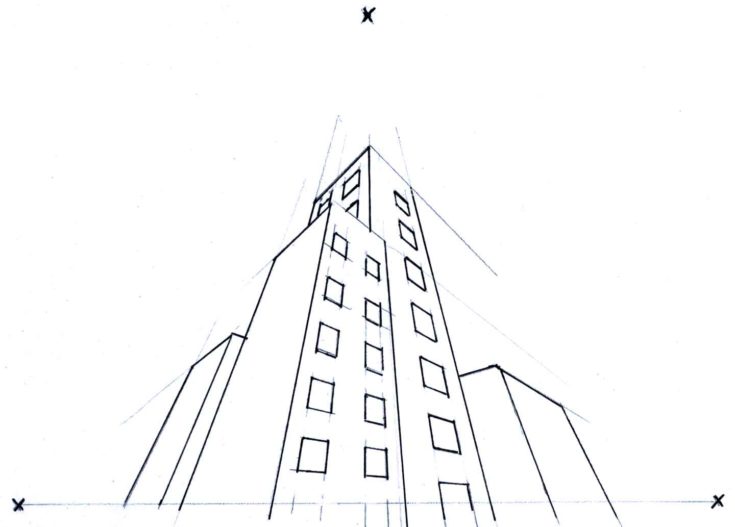 Example of multi-point perspective lay out drawn on white paper.