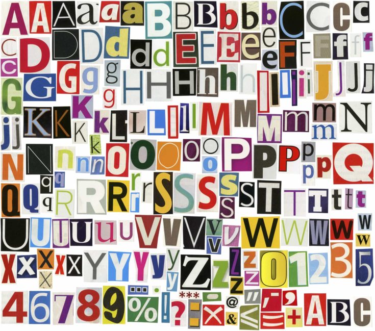 Big size newspaper, magazine alphabet with letters, numbers and symbols. Isolated on white background.