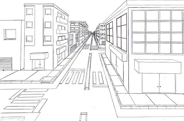 Example of one-point perspective lay out drawn on white paper.