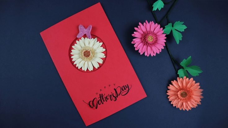 Realistic Flower Cut Out mother's day red card.