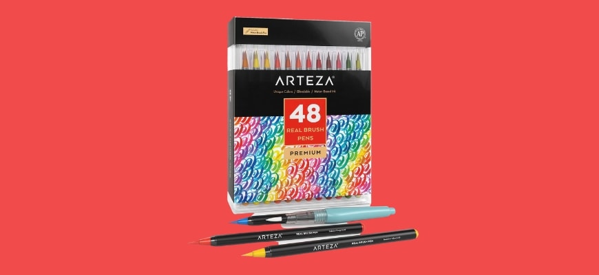 Packaging of Arteza Real Brush Pens Premium isolated in red orange background