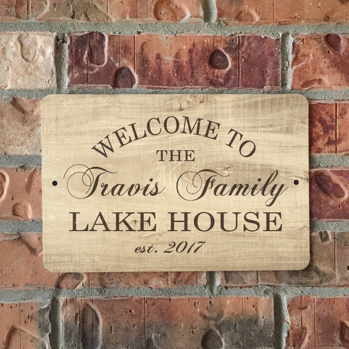 Personalized Wood Grain-Look Lake House Metal Sign Wall Décor