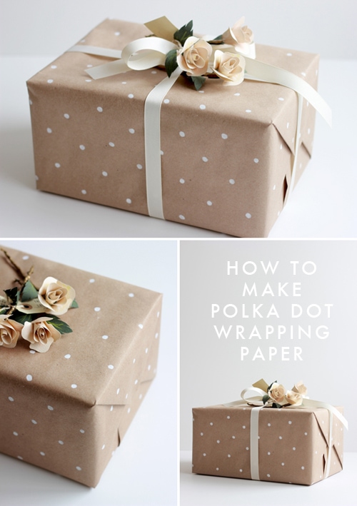 Brown wrapping paper designed with white polka dots with white ribbon and roses