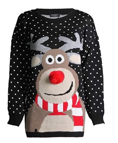 Black dotted sweater centered with reindeer