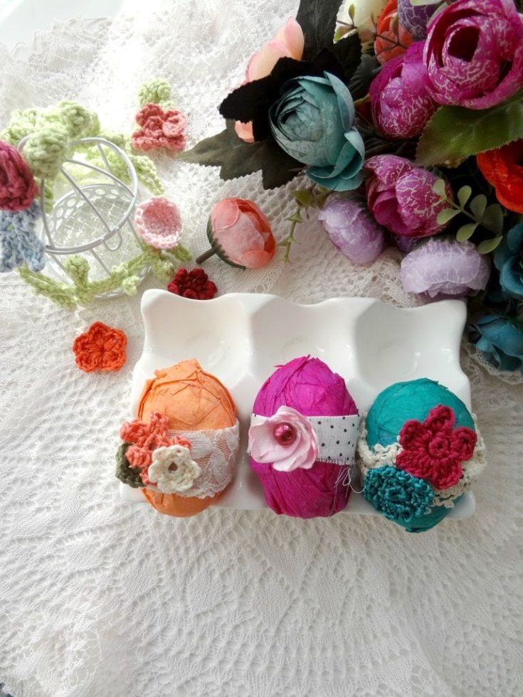 Romantic Crepe Paper Easter Eggs with artificial flowers on the side