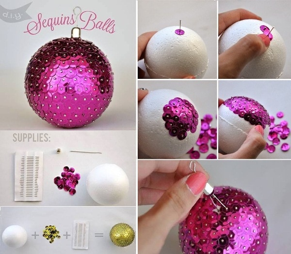 Christmas ball ornaments covered with purple sequins
