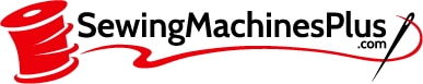 SewingMachinePlus.com logo in between thread and needle logo in white background