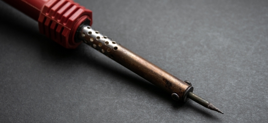 Close up shot of soldering iron tip on a gray background.