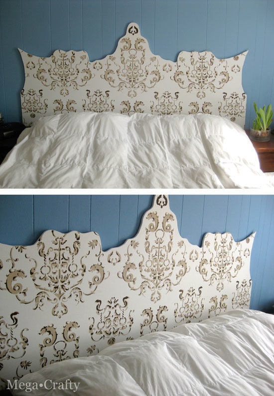 Stenciled fabric headboard by Mega Crafty