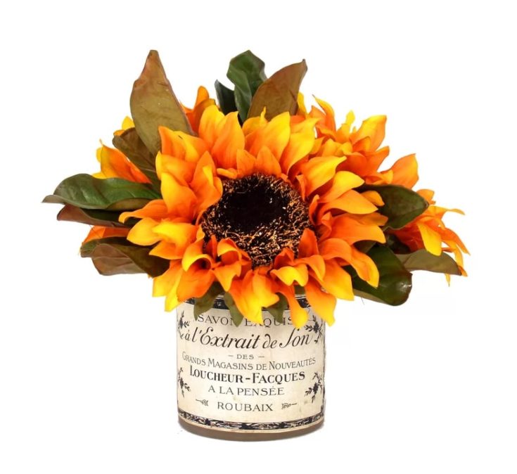 Sunflower Bouquet French Label in Decoupage Pot