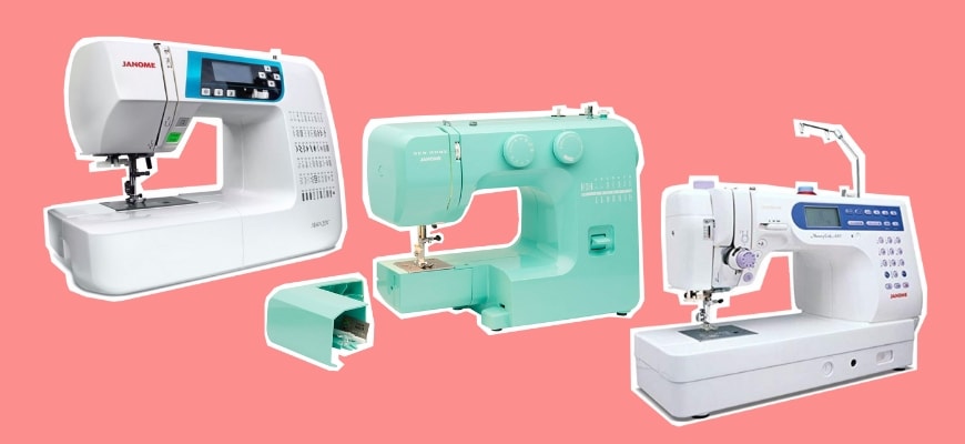 3 different models of Janome Sewing Machines in peach background