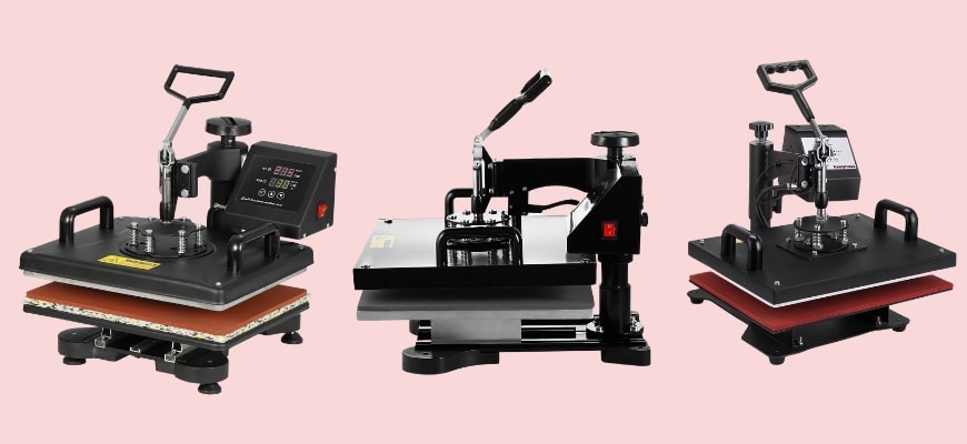 Three model of multifunction heat press machines in light pink background.