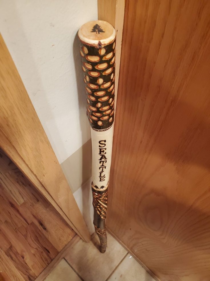 56" hand carb walking stick with Seattle wood burned