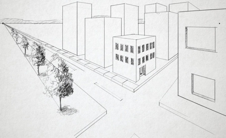 Example of two-point perspective lay out drawn on white paper.