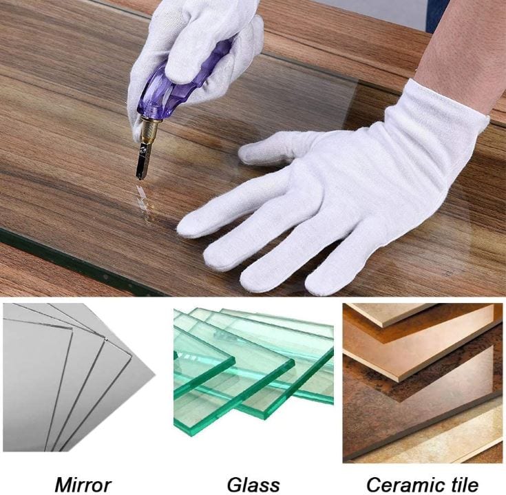man cutting glass using glass cutter, below are images of mirror, glass, ceramic tile