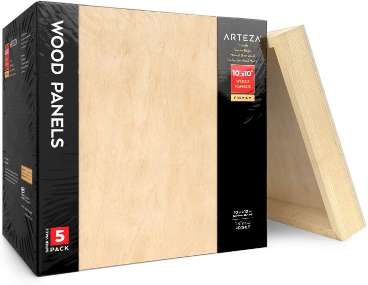Arteza Wooden Canvas Board, 8x8 Inch, Pack of 5, Birch Wood, Cradled Artist Wood Panels for Painting, Encaustic Art, Wood Burning, Pouring, Use with Oils, Acrylics
