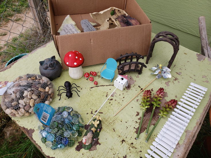 Fairy Garden Materials, stones, plants, figurines, broken pottery