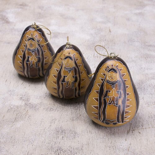Virgin of the Andes Dried Mate Gourd Holiday Shaped Ornament 3 pieces