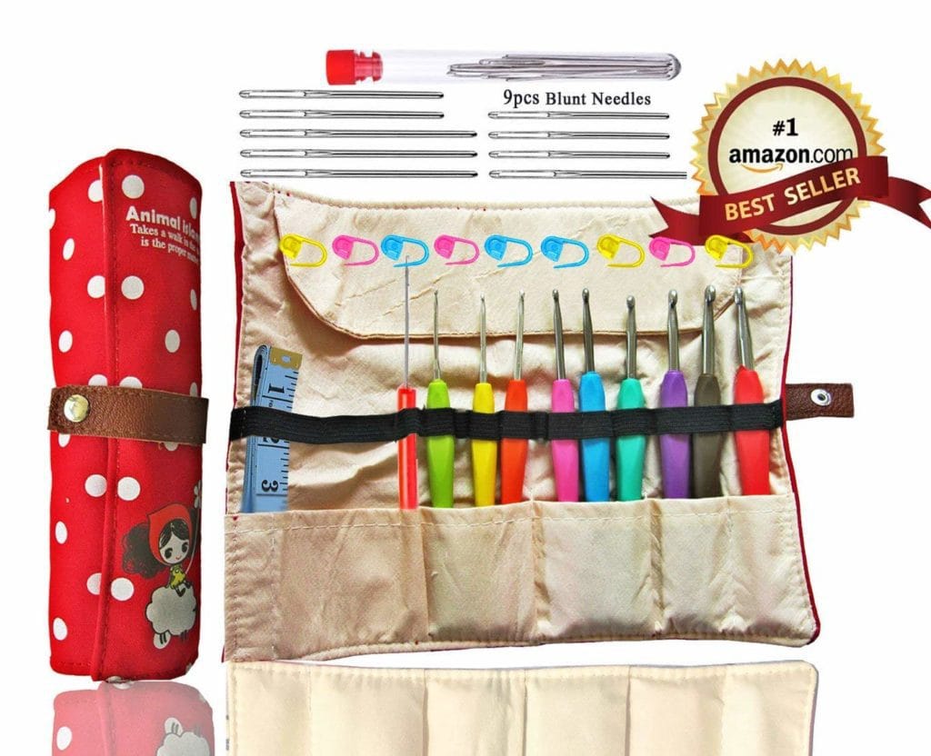 Aluminum crochet hooks set in red polka case with separate pockets