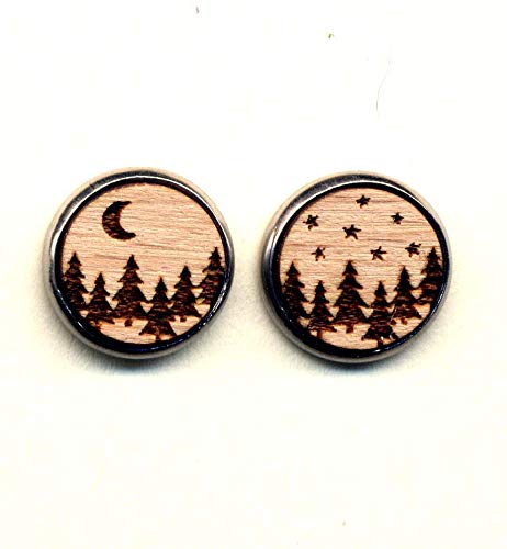 Wood Earrings, Small Stud Earrings, Forest Earrings, Moon Earrings, Star Earrings, Wood Burned Earrings, Surgical Steel Posts earrings, Hypoallergenic Stainless steel Earrings