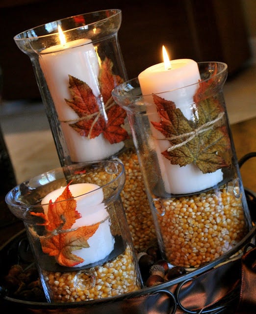 Leaf wrapped candle centerpiece