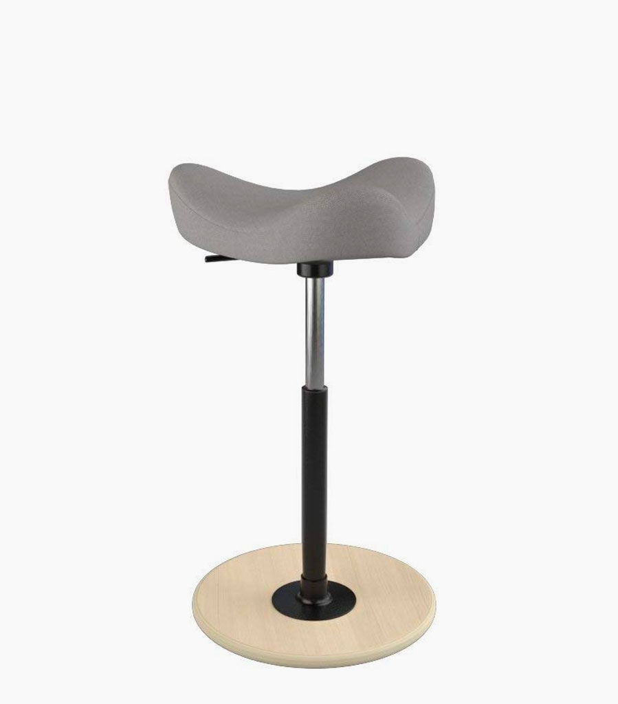 Varier Move Tilting Sandle stool in gray color black metal stand with wood base