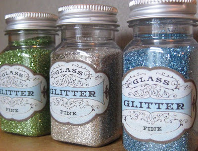 Mason jar with labels and filled with glitters.