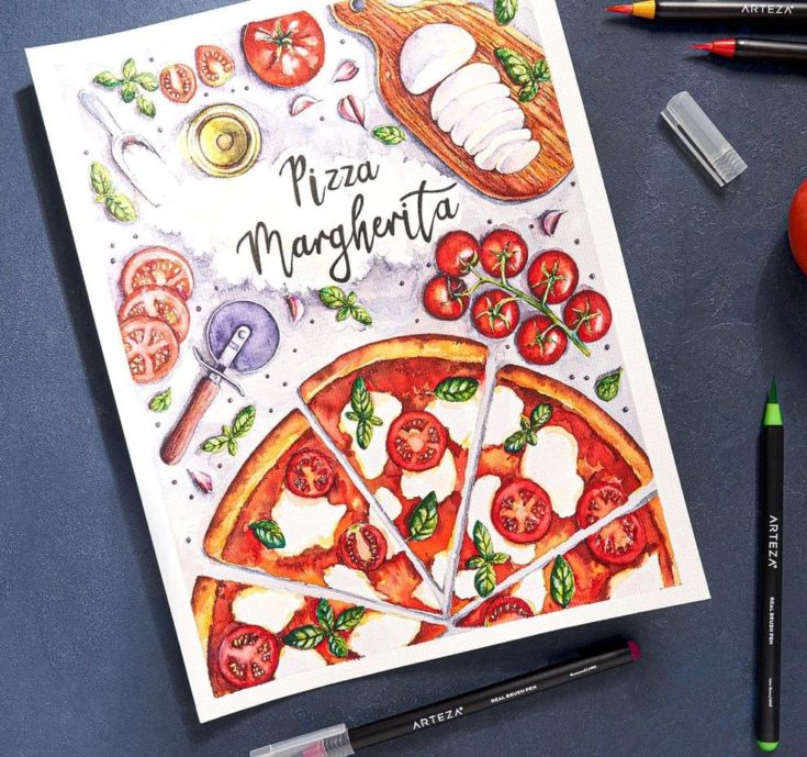 pizza margherita colored painting using arteza brush pen