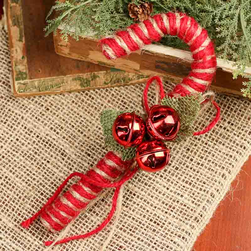 Jute candy cane with three red bells